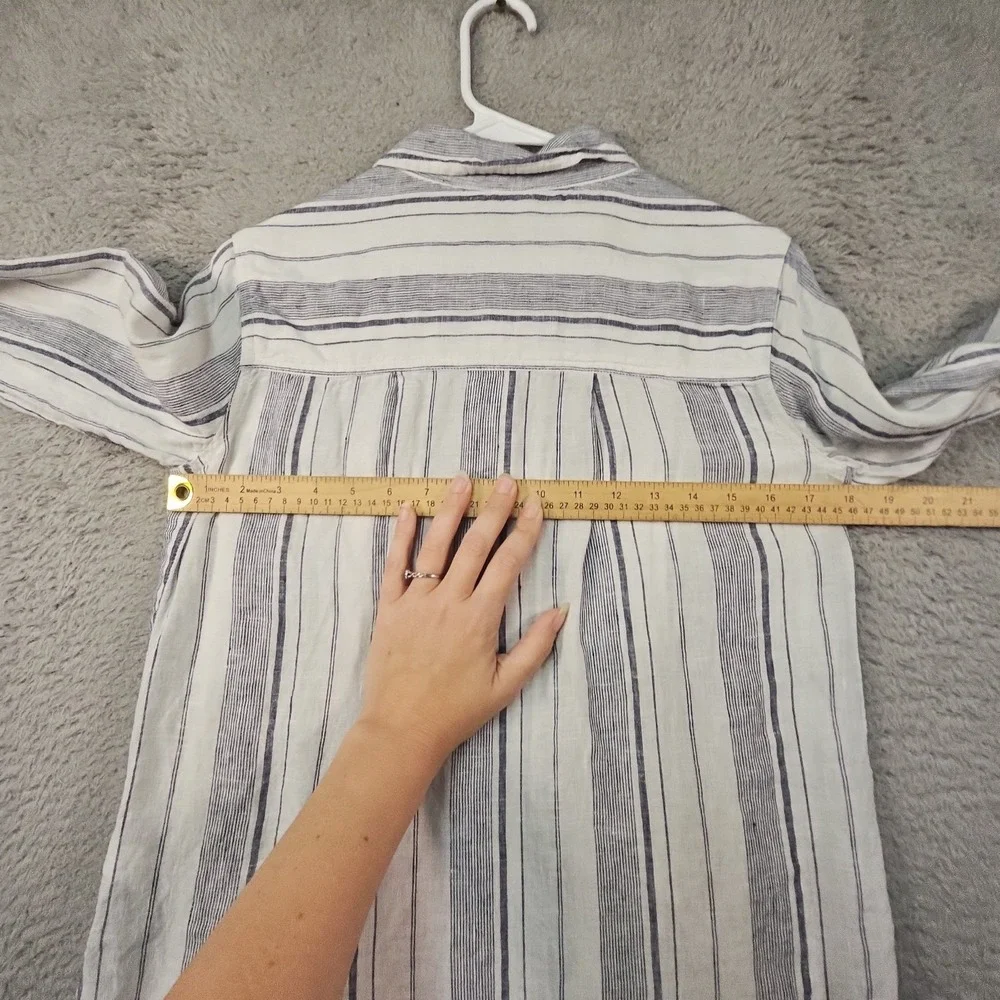 Athleta Shirt Womens XS White 100% Linen Striped Roll Tab L/S Top Coastal Beach‎